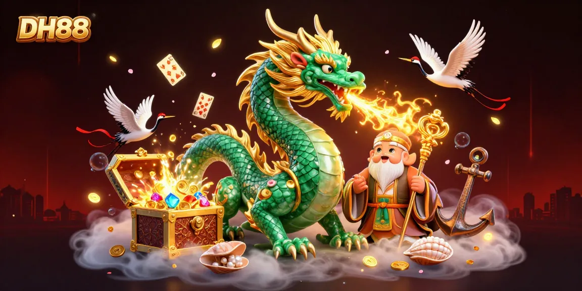 Experience the excitement of DH88 casino with an illustration featuring a jade dragon, lucky cranes, and treasure elements.