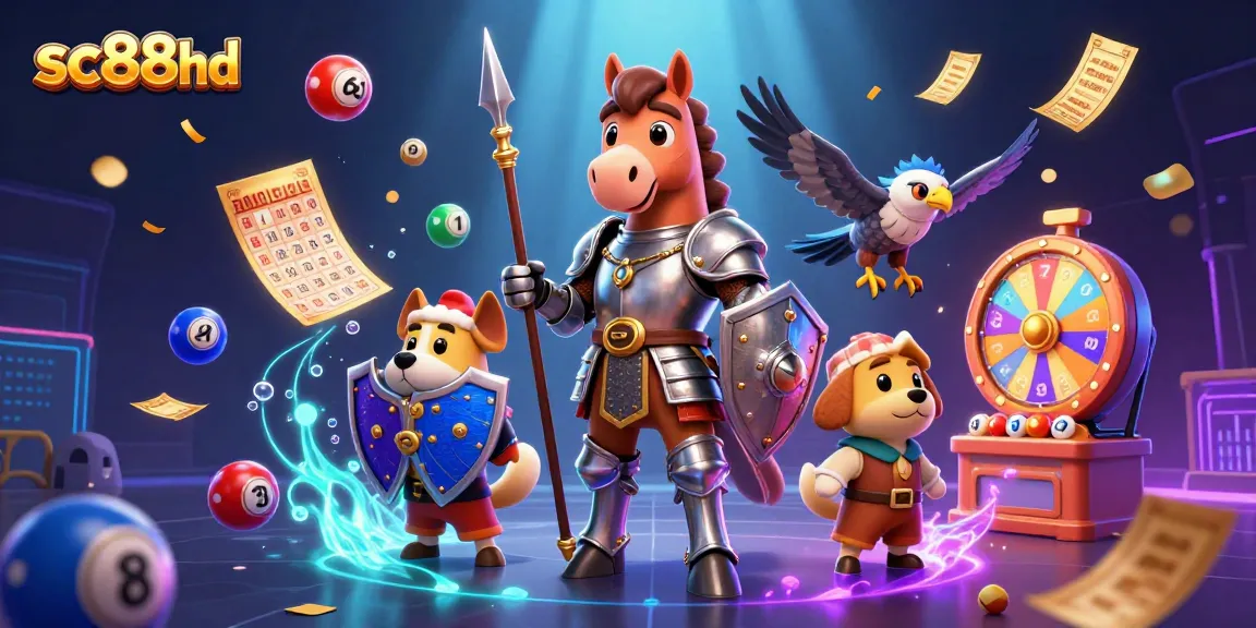 Engage in thrilling games at sc88hd with vibrant lottery balls, a knight, and a puppy in an exciting scene.