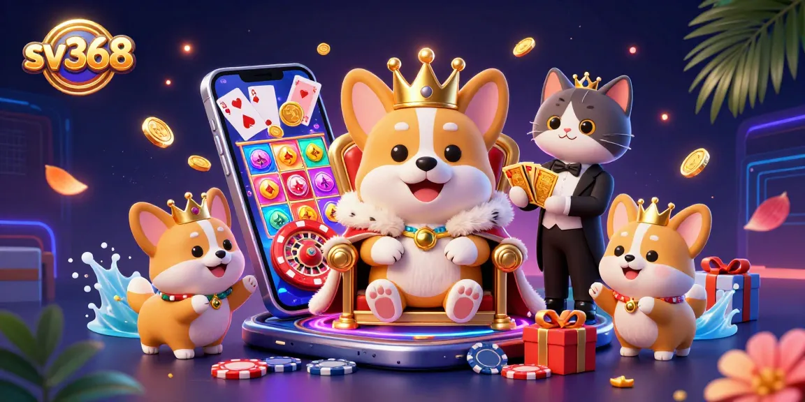Experience exciting gaming with sv368 featuring a royal corgi, poker chips, and slot games.