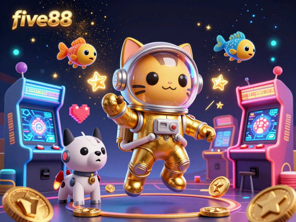 Play exciting games at five88 with an animated astronaut cat, a space dog, and colorful casino elements
