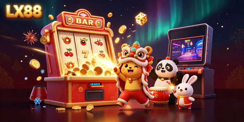 Experience the excitement at LX88 with a dynamic scene featuring a lion dance and vibrant casino elements.
