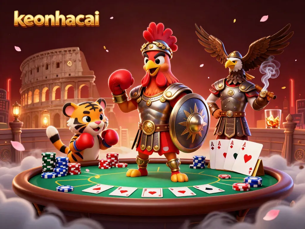 Engage in thrilling keonhacai poker action with a vibrant gladiator rooster and exciting casino elements.