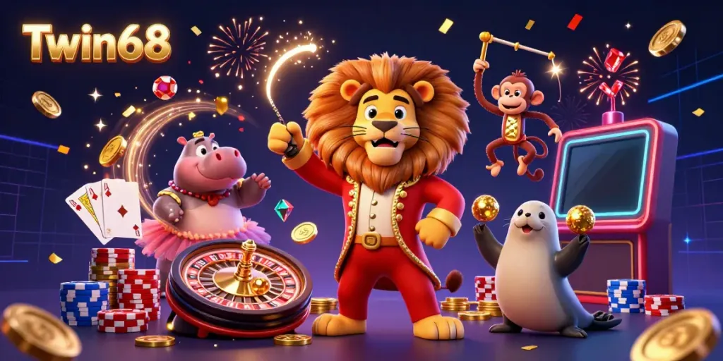 Twin68's vibrant casino scene featuring a lion ringmaster, hippo, monkey, and seal surrounded by dazzling prizes.