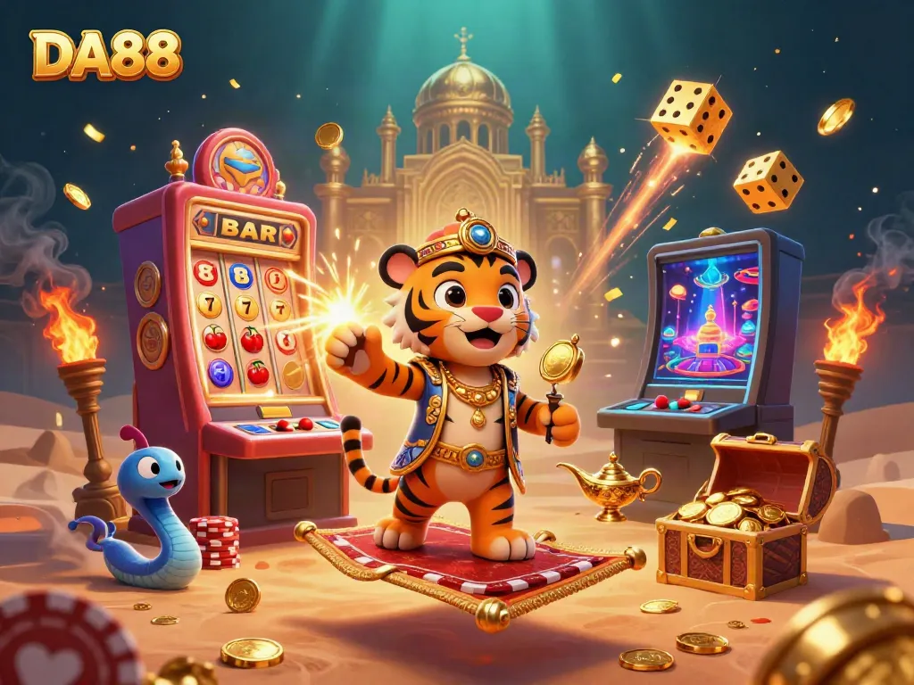 Experience the magic of DA88 with a vibrant casino scene featuring big wins, games, and immersive characters.