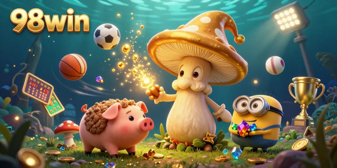 Bet on 98win's treasures with a vibrant 3D scene filled with golden magic and sports action.