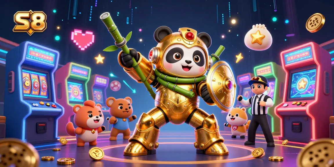 S 8 gaming scene featuring a panda in a mech-suit surrounded by dynamic casino elements and colorful arcade games.