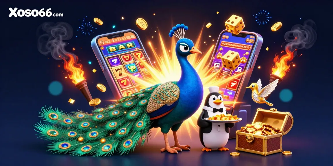 Experience the excitement at Xoso66 com with a vibrant casino scene featuring a peacock and a butler penguin.
