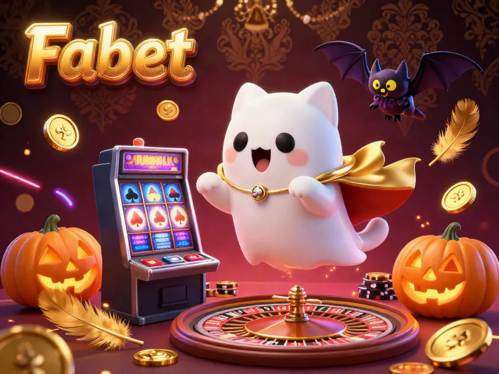 Interact with Fabet at a vibrant casino featuring slot machines, glowing jack-o-lanterns, and a friendly ghost cat.