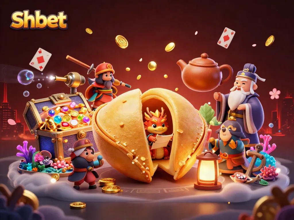 Engage in shbet's thrilling world with a wise dragon and golden fortune cookie surrounded by riches.