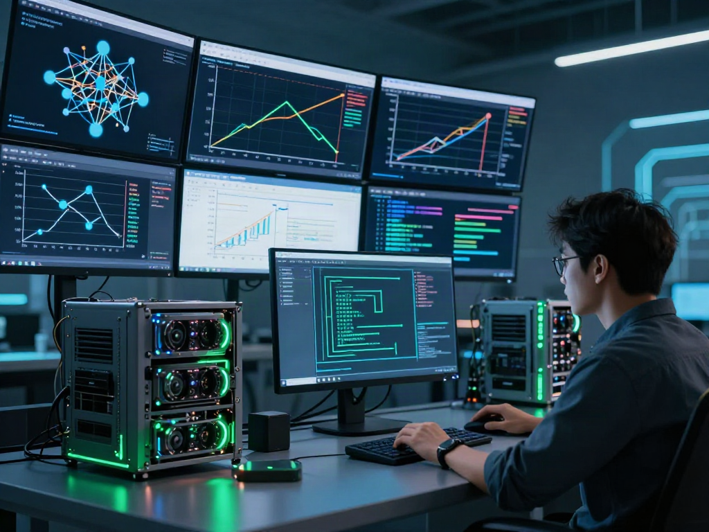 Hier sehen Sie fortschrittliche KI-Technologie mit Software-Entwicklung und Cloud-Computing in einer modernen Arbeitsumgebung.