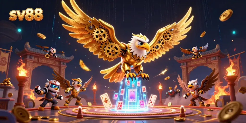 Experience thrilling casino gaming with sv88, featuring a cybernetic eagle diving through holographic cards.