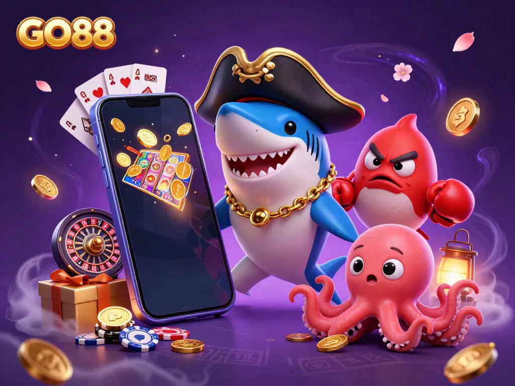 Engage in thrilling gameplay at GO88 while a pirate shark, pufferfish, and octopus celebrate with coins.