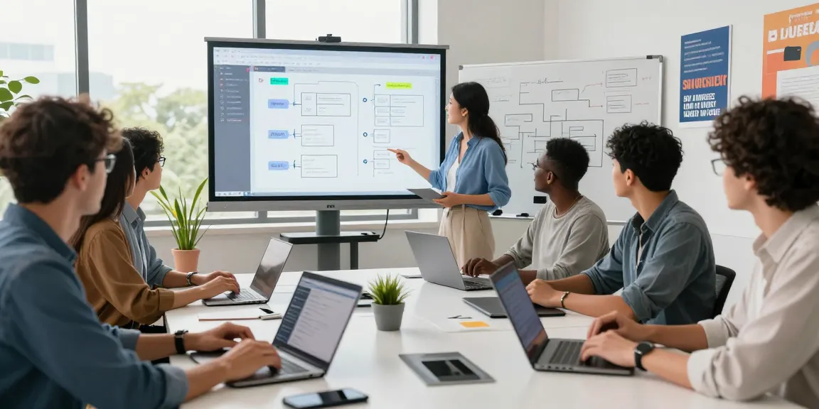 Build internal tools with AI in a collaborative workspace with diverse professionals demonstrating innovative software solutions.