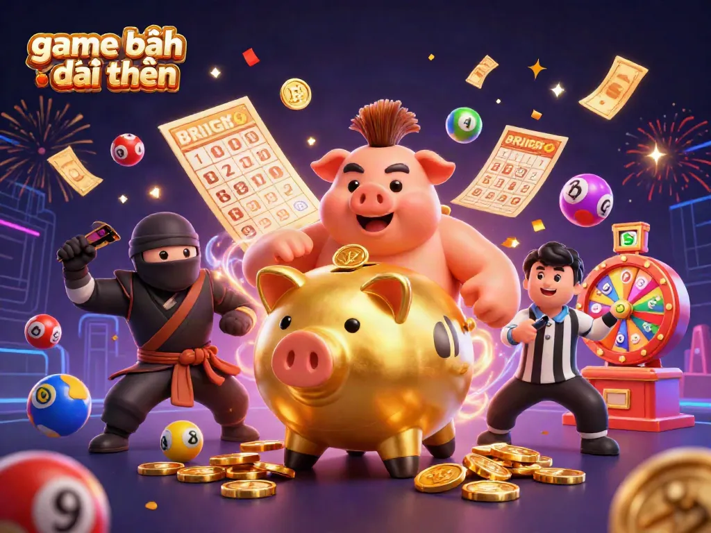 Experience game đánh bài đổi thưởng with a dynamic illustration of a golden piggy bank sumo wrestler shaking down coins amidst casino elements.