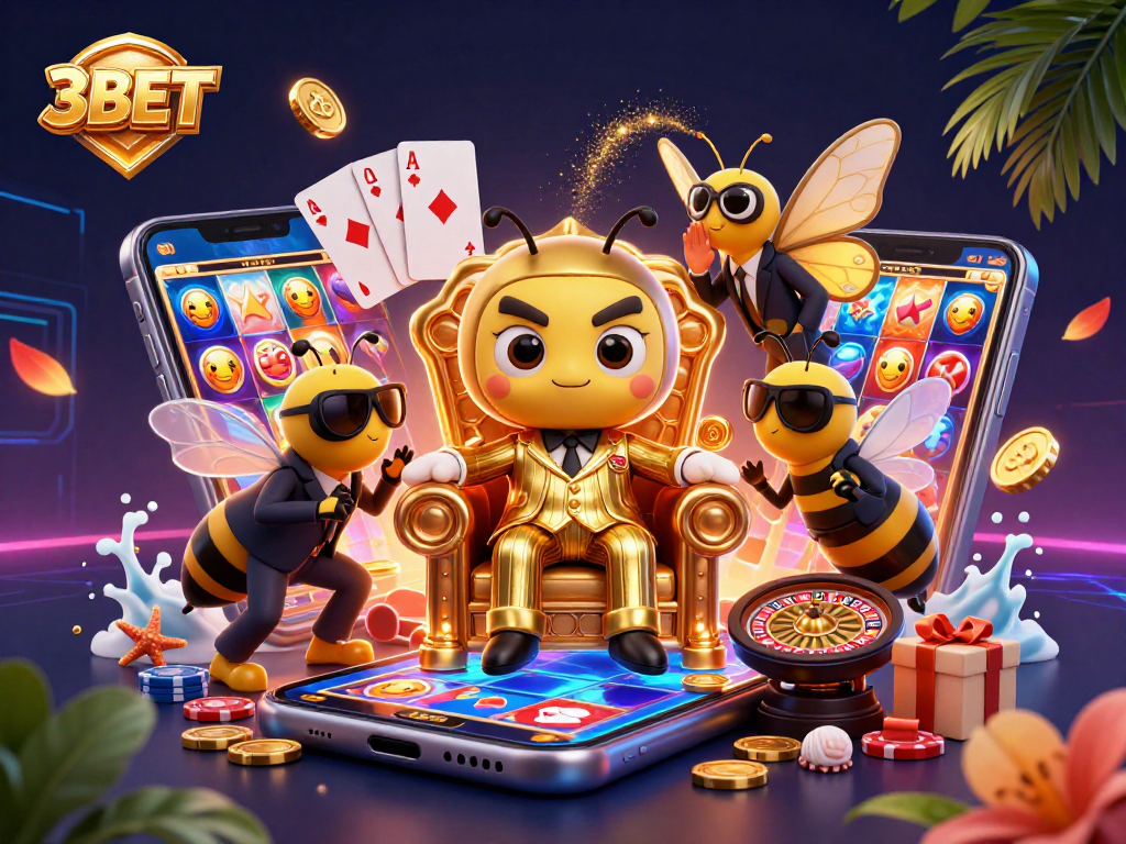 Experience the excitement of 3BET with a vibrant casino scene featuring characters and games.