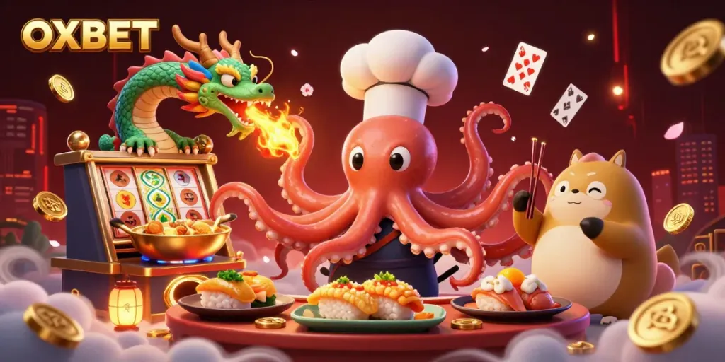 Experience excitement at OXBET with a vibrant 3D cartoon illustration featuring an octopus chef and dragon at a casino.