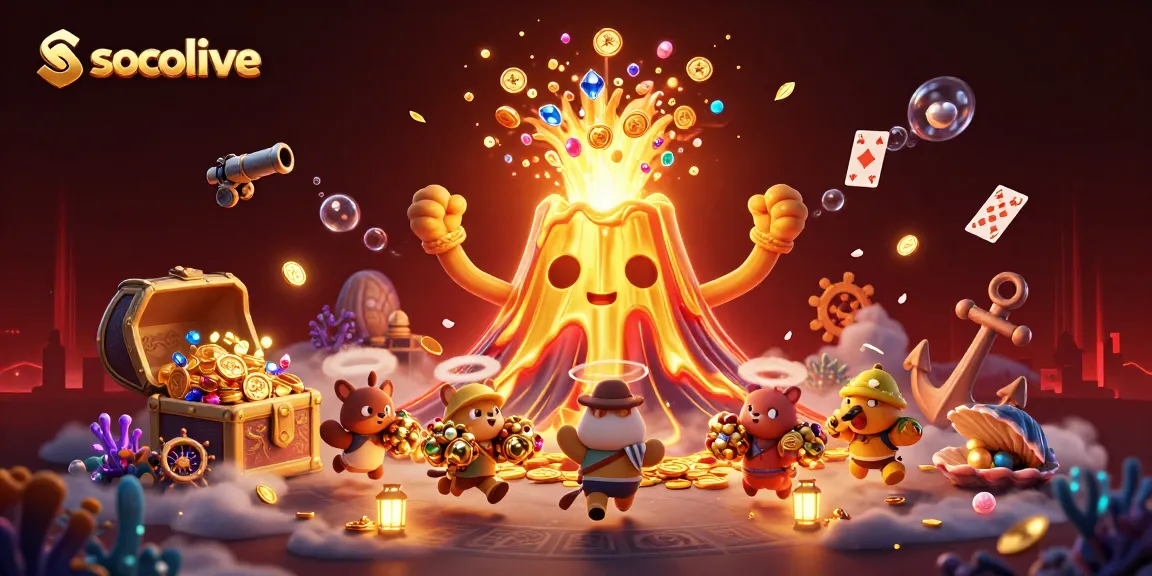 Socolive captures the thrill of live football streaming as a golden volcano erupts with treasures.
