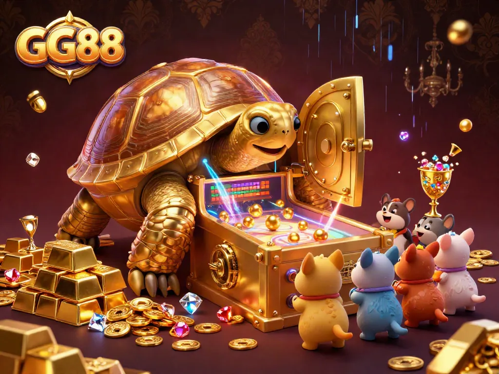 Players engage with GG88's vibrant casino atmosphere, featuring a golden tortoise and treasures.