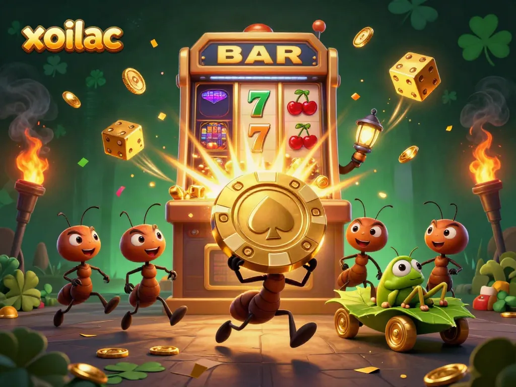 Xoilac game illustration of cartoon ants and a grasshopper racing to steal a giant golden poker chip amidst a casino explosion