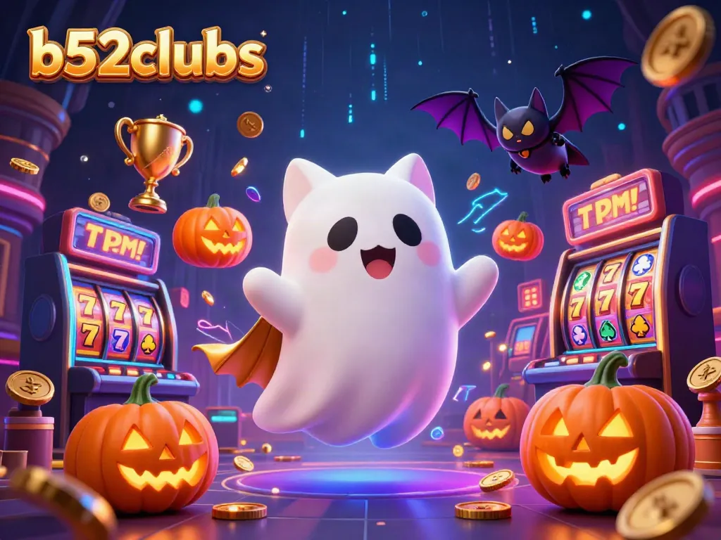 Engage with exciting games at b52clubs, featuring a friendly ghost cat, bat companion, and vibrant slot machines in a haunted casino.
