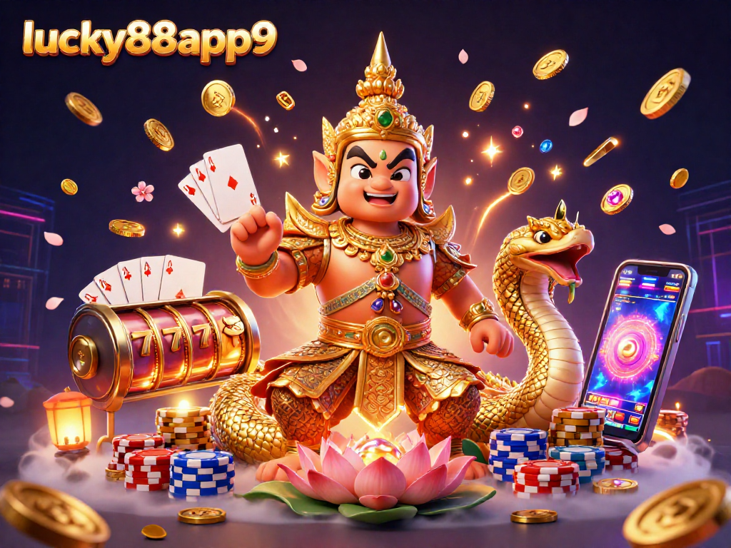 Experience excitement with lucky88app9 featuring a Thai guardian surrounded by slots and casino elements.