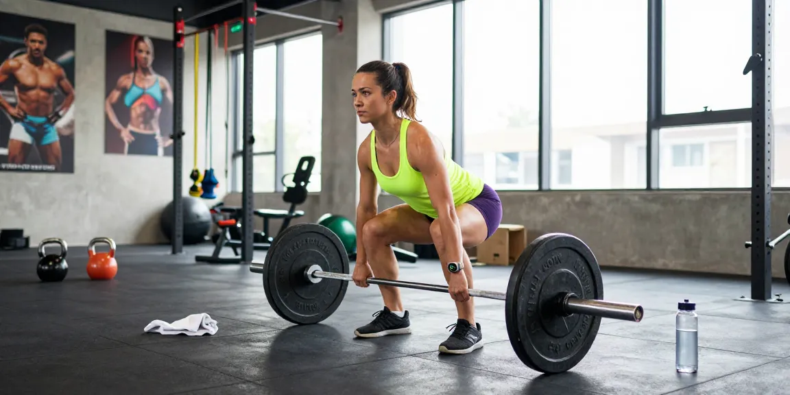 Starke athletische Frau trainiert mit Prime Pharma Steroiden in einem lebhaften Fitnessstudio.