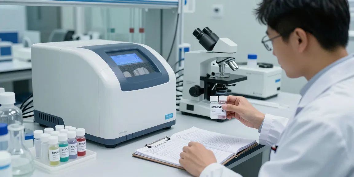 Scientist analyzing research-grade BPC-157 Canada in a lab setting, focused on peptide studies.