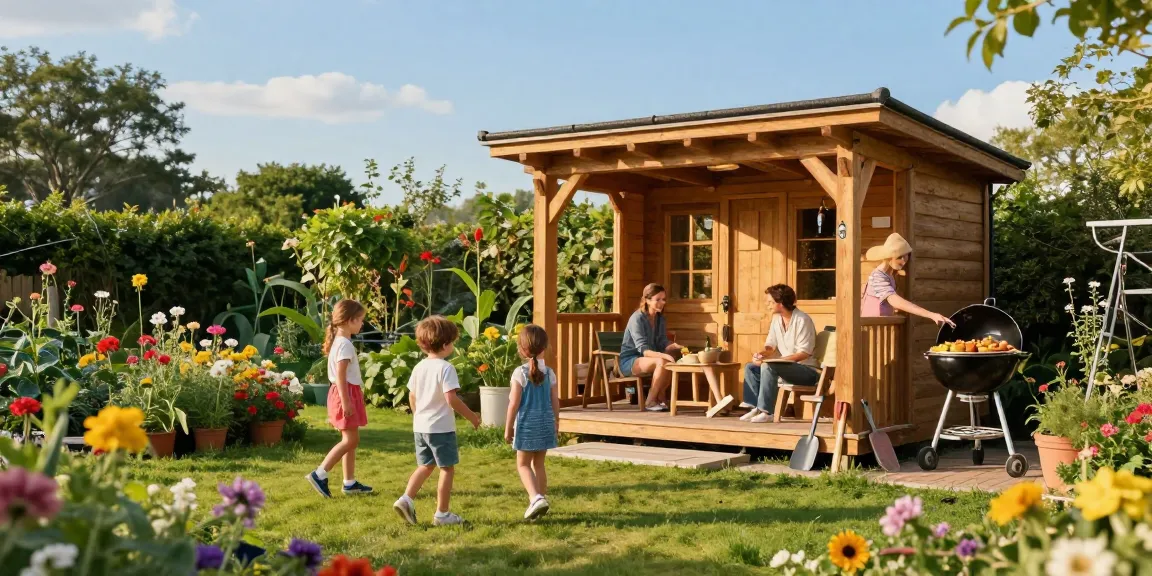 Gemütliches Gartenhaus umgeben von Blumen, Familienzeit im Freien.
