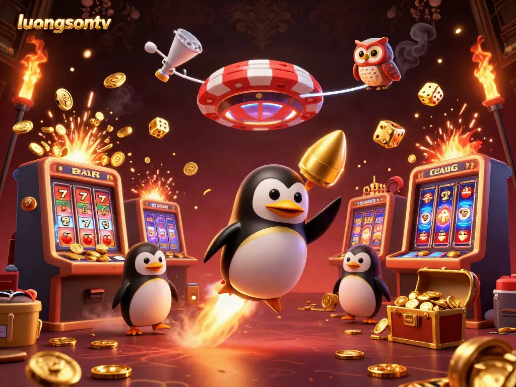 Experience thrilling casino adventures with the vibrant luongsontv 3D illustration, featuring a golden penguin and jackpot elements.