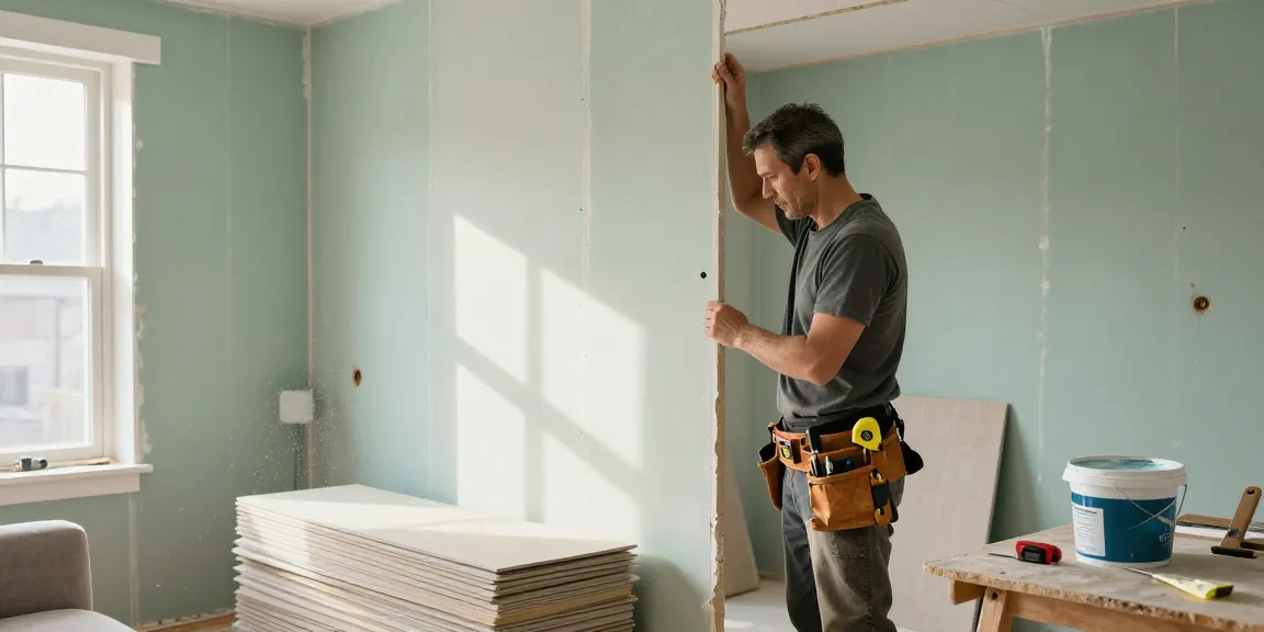Innenausbau und Trockenbau Augsburg, Handwerker bei der Installation von Trockenbauwänden im modernen Wohnzimmer.