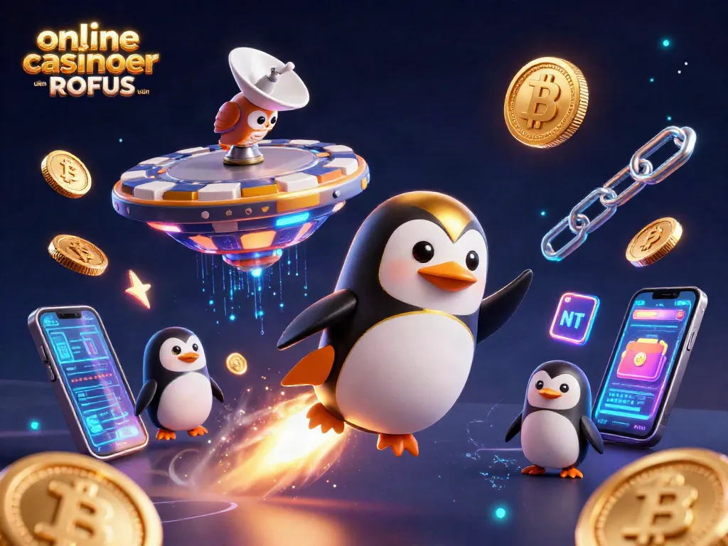 Engage with online casinoer uden ROFUS through a vibrant, dynamic 3D illustration showcasing a rocket-powered penguin and crypto elements.