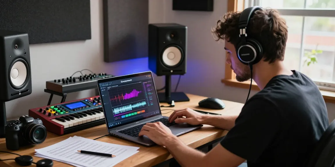Der Edimakor KI-Musik Generator wird von einem Musiker in einem kreativen Studio verwendet, um innovative Klänge zu gestalten.
