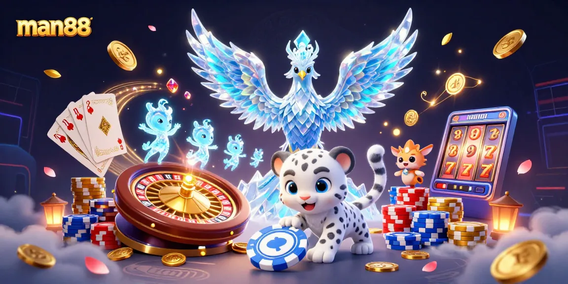 man88 spins the roulette wheel as magical creatures enhance the casino atmosphere with glowing effects.