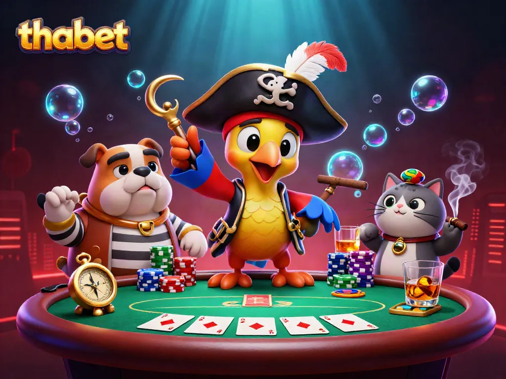 Experience thrilling gameplay with Thabet's vibrant pirate casino scene featuring dynamic characters and rich visuals.