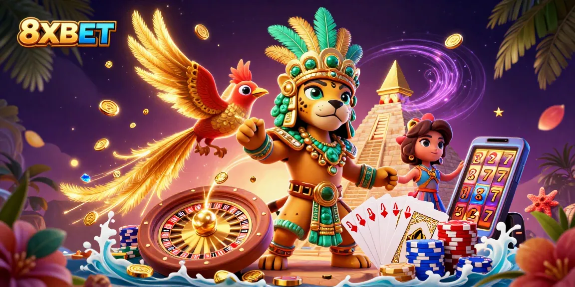Experience thrilling games and rich rewards at 8XBET, illustrated with vibrant casino elements.