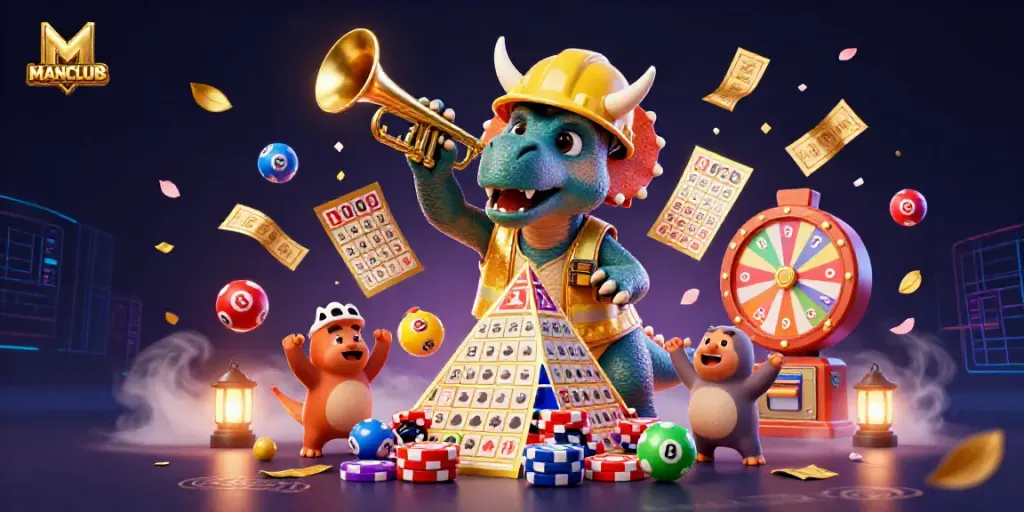 Engaging MANCLUB casino scene with fun characters celebrating gaming wins.