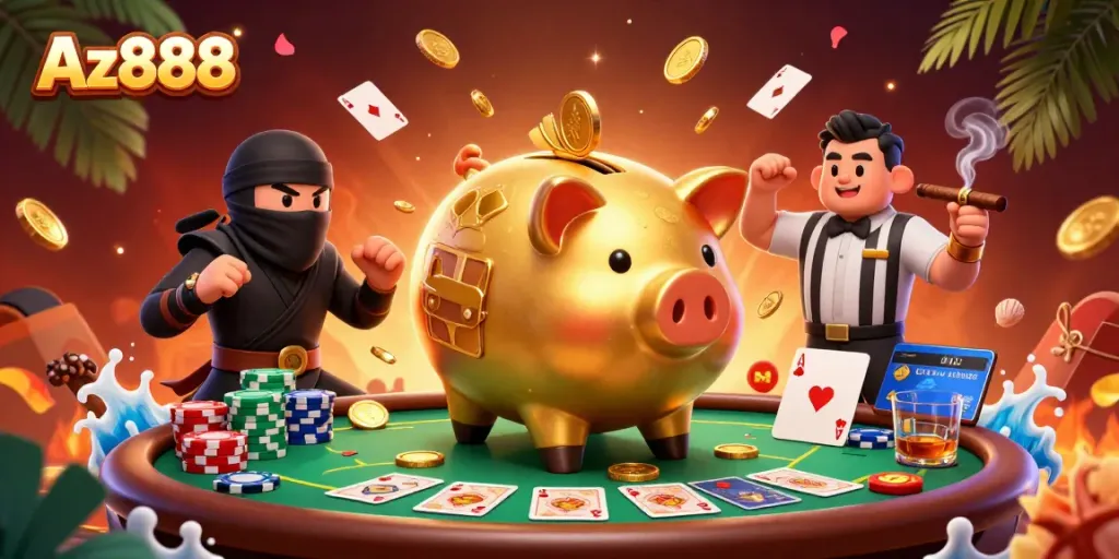 Engaging scene of Az888’s piggy bank sumo wrestler and characters celebrating a poker tournament victory.