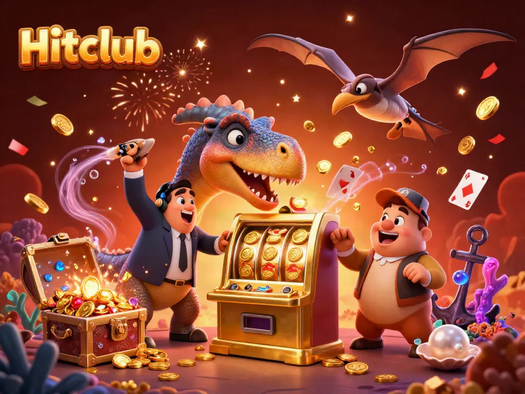 Hitclub jackpot scene with a dinosaur hitting a slot machine, amidst a shower of coins and casino elements.
