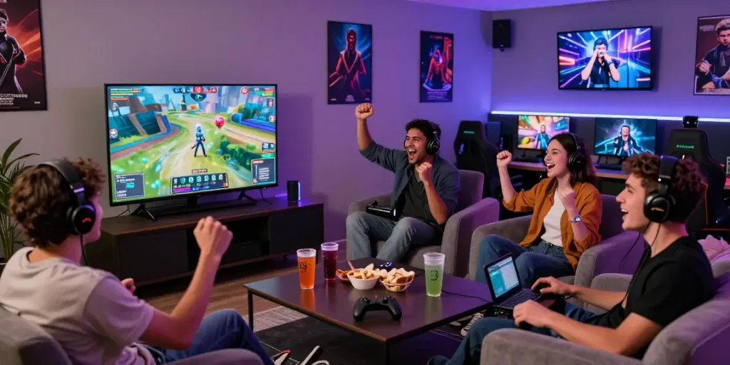 Youthful gamers enjoying the rokok88 link in a vibrant gaming lounge atmosphere.
