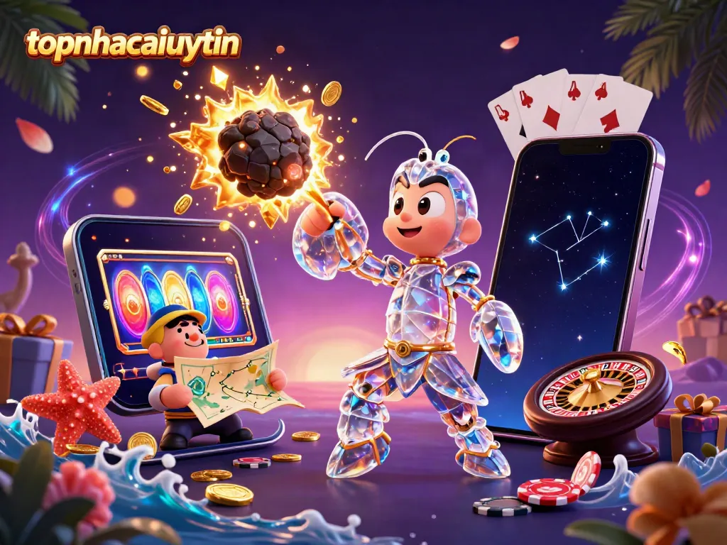 Experience thrilling gameplay with topnhacaiuytin in this vibrant 3D casino illustration featuring cartoon characters, slot games, and golden coins.