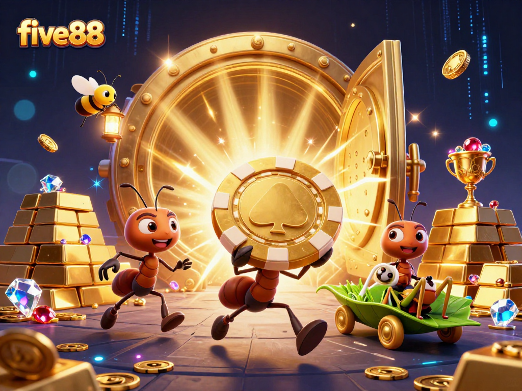 Experience thrilling five88 gameplay with ants heisting a giant golden poker chip amidst shimmering treasures.