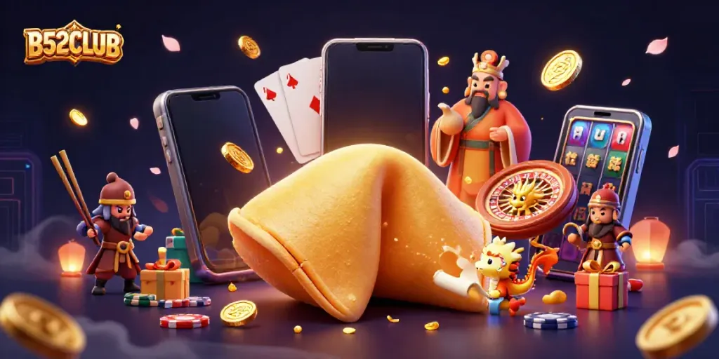 Engage in thrilling gameplay with the vibrant B52CLUB illustration showcasing fortune cookies, dragons, and casino elements.