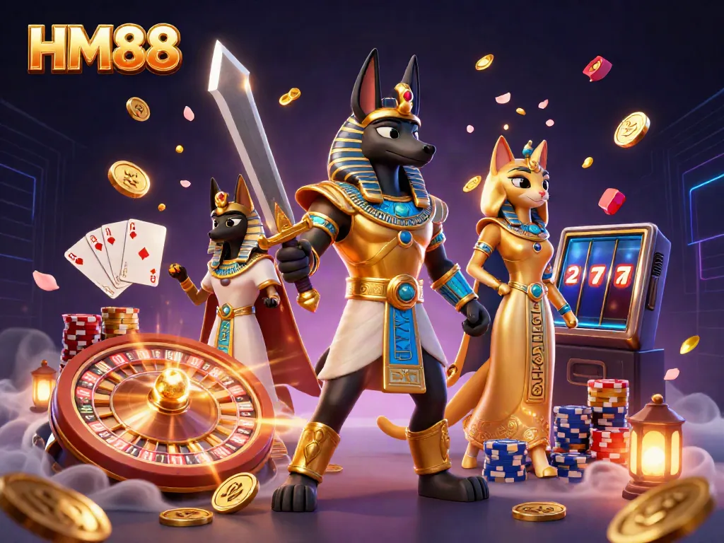 Experience thrilling gameplay at HM88 with ancient Egyptian warrior Anubis and rich casino elements.