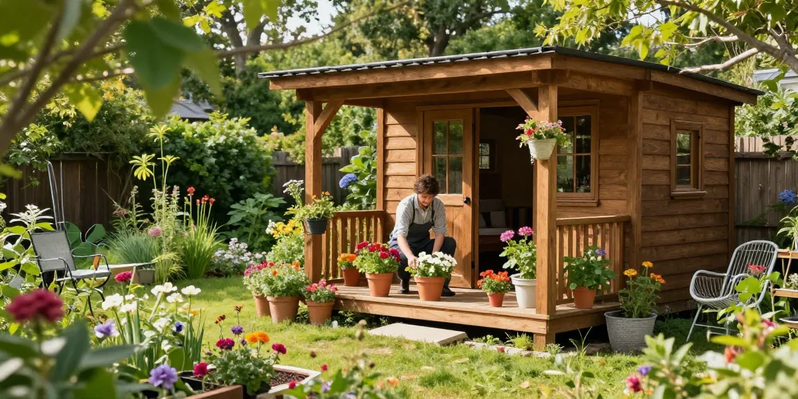 Gartenhaus Holz in einem einladenden Garten, umgeben von blühenden Pflanzen und Möbeln, die Ruhe ausstrahlen.
