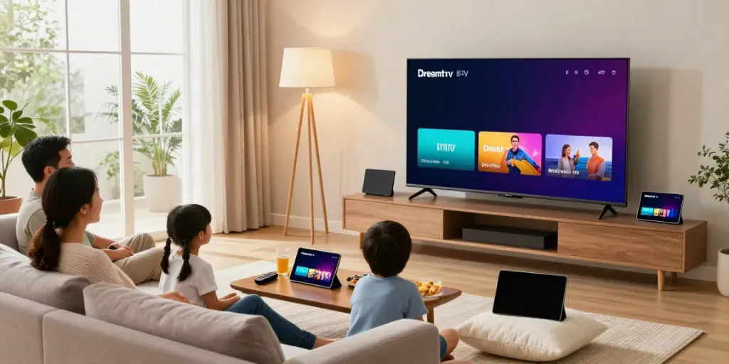 Die Familie genießt Dreamtv IPTV im modernen Wohnzimmer auf Smart TV und Geräten, mit gemütlicher Atmosphäre und Unterhaltung.