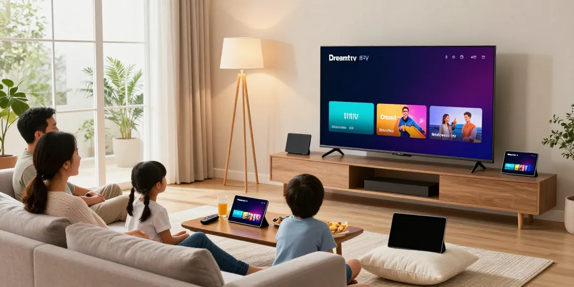 Die Familie genießt Dreamtv IPTV im modernen Wohnzimmer auf Smart TV und Geräten, mit gemütlicher Atmosphäre und Unterhaltung.
