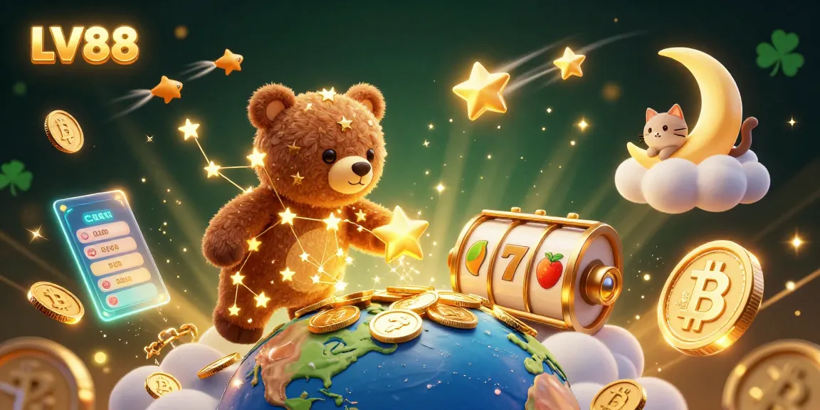 Join the fun at LV88, where constellation characters scoop up coins amidst vibrant slot game elements.