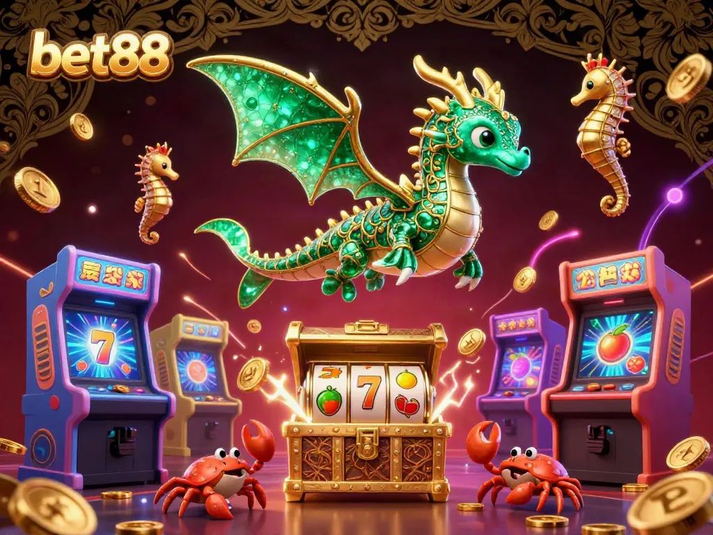 Experience bet88 with a vivid 3D illustration capturing casino excitement and gaming elements.