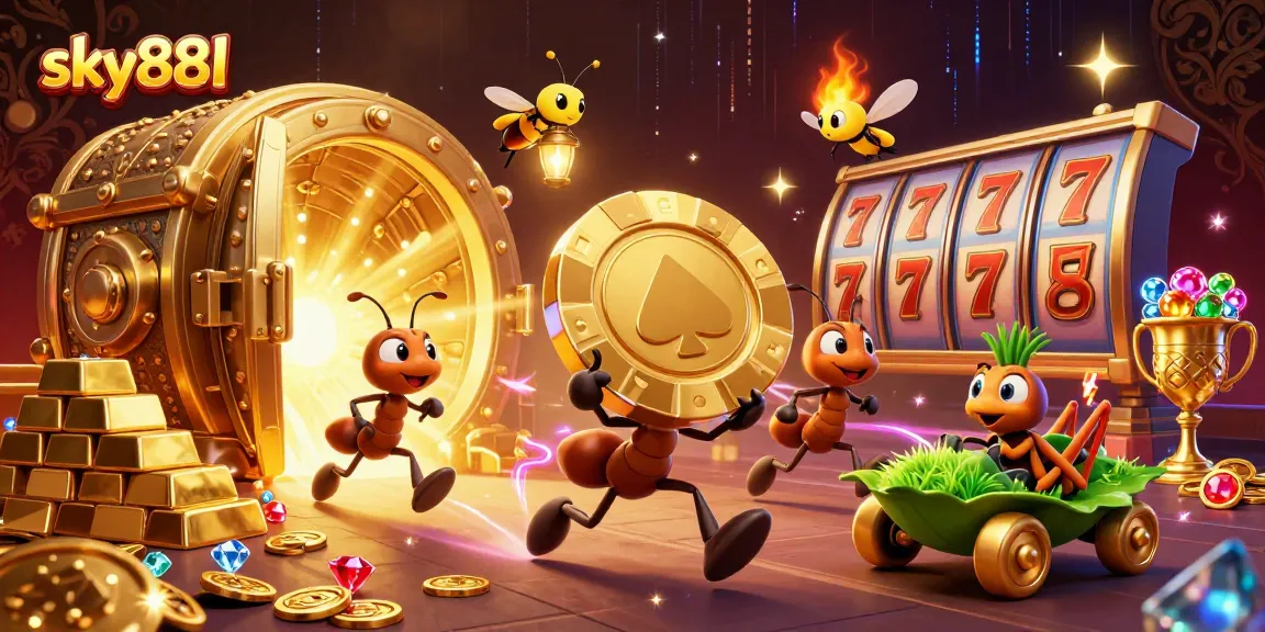 Sky88l Ants Heist: Exciting scene of ants with poker chips in a dynamic casino treasure vault.