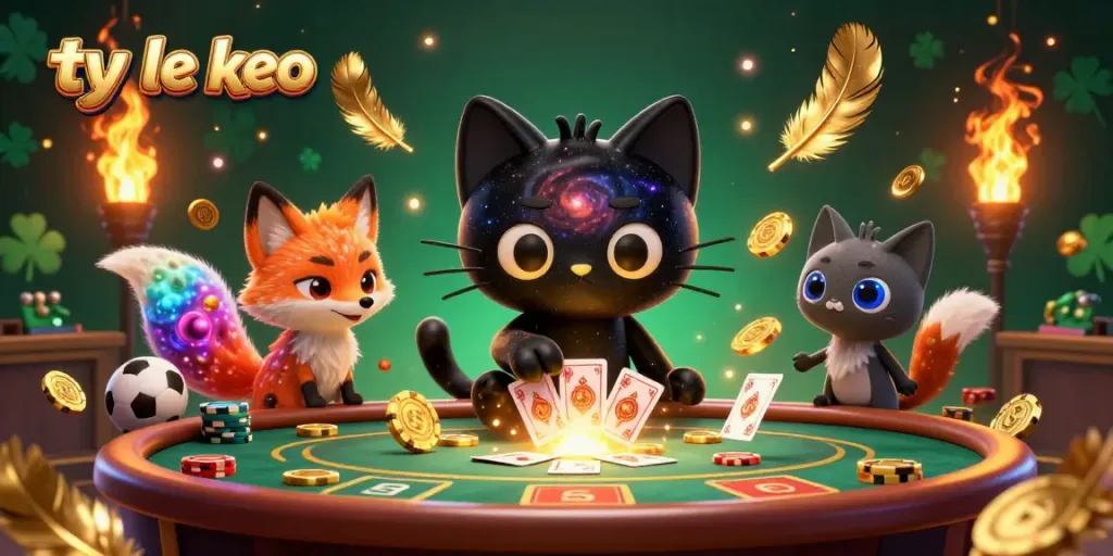 Pull in golden chips and cards with a 3D black hole cat in a vibrant cosmic casino scene highlighting ty le keo.